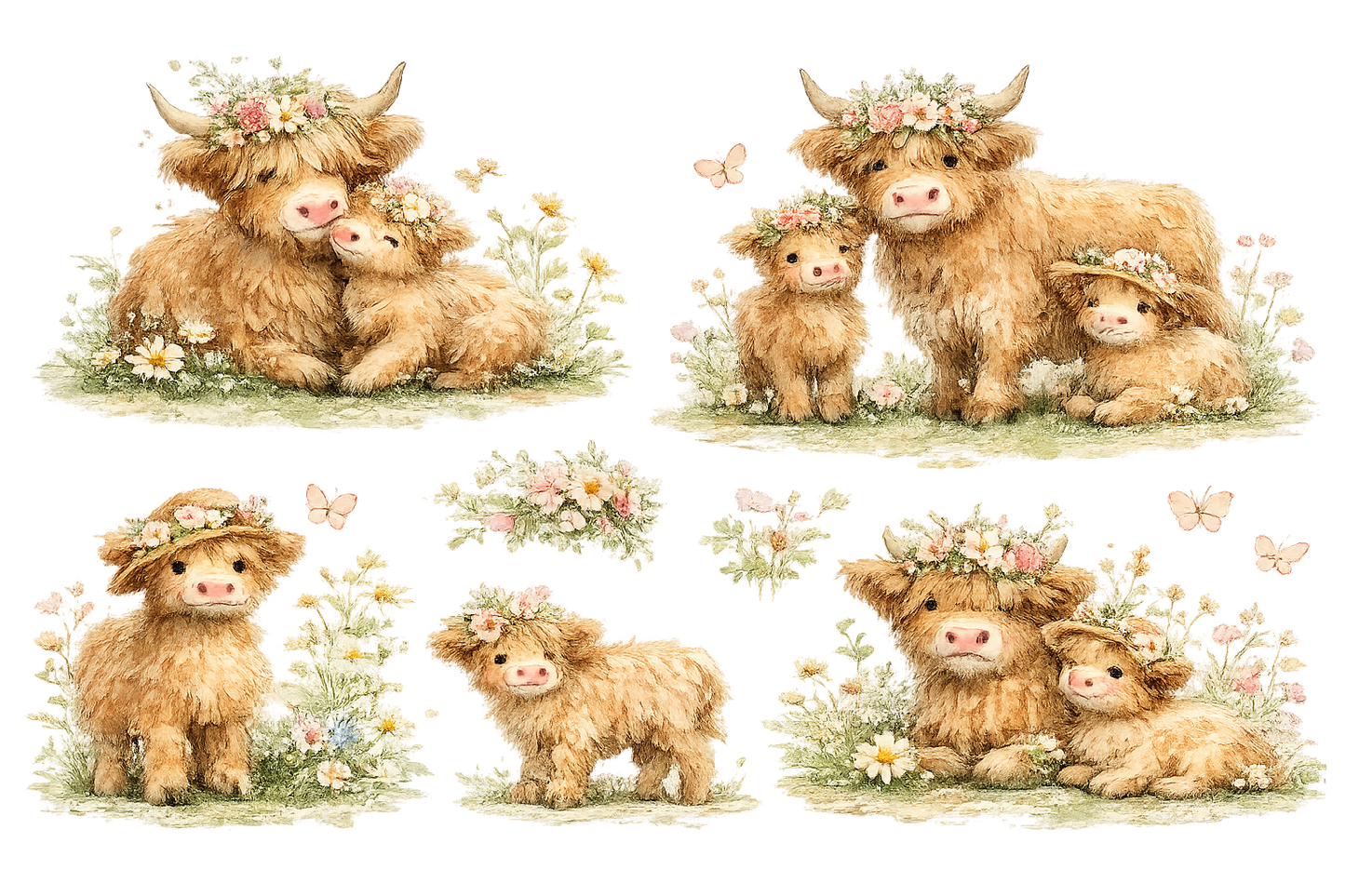 Watercolor Highland Cow Family PNG Clipart Set – Floral Farm Animal Digital Download