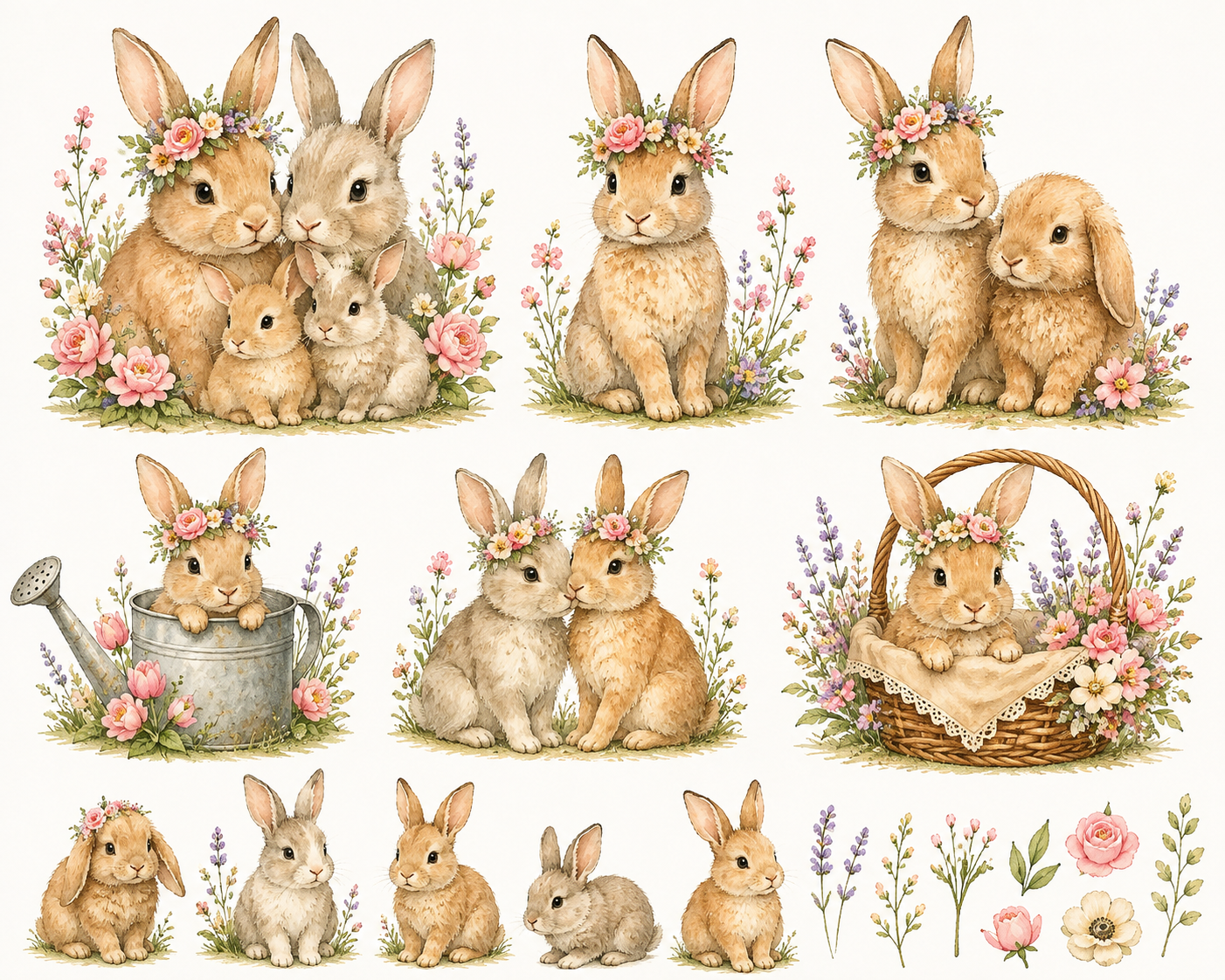 Watercolor Bunny Family PNG Clipart Set – Floral Woodland Rabbit Digital Download