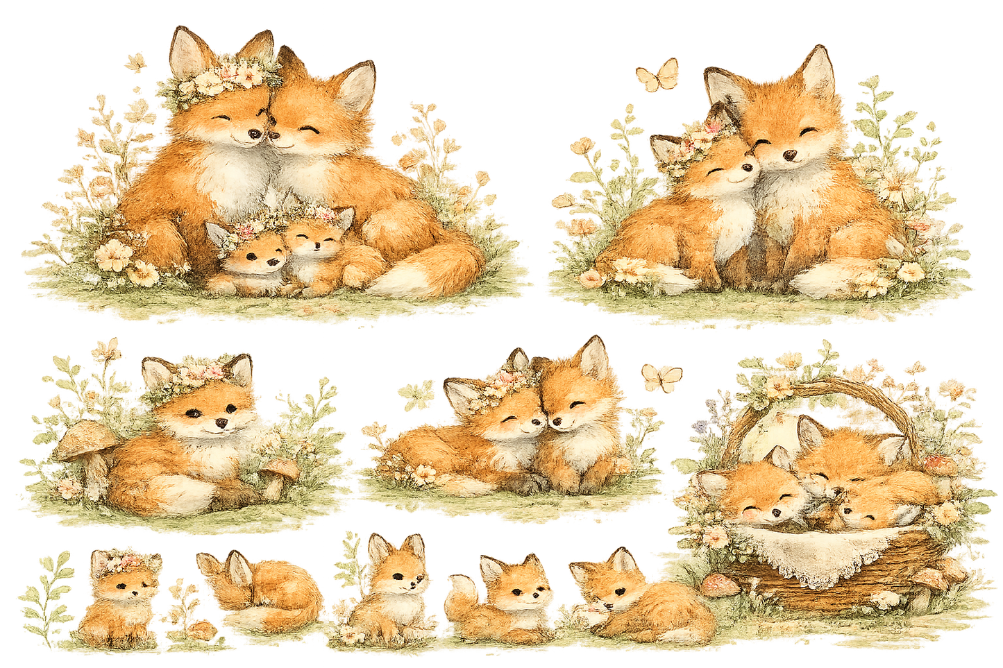 Watercolor Baby Fox Family PNG Clipart Set – Floral Woodland Animal Digital Download