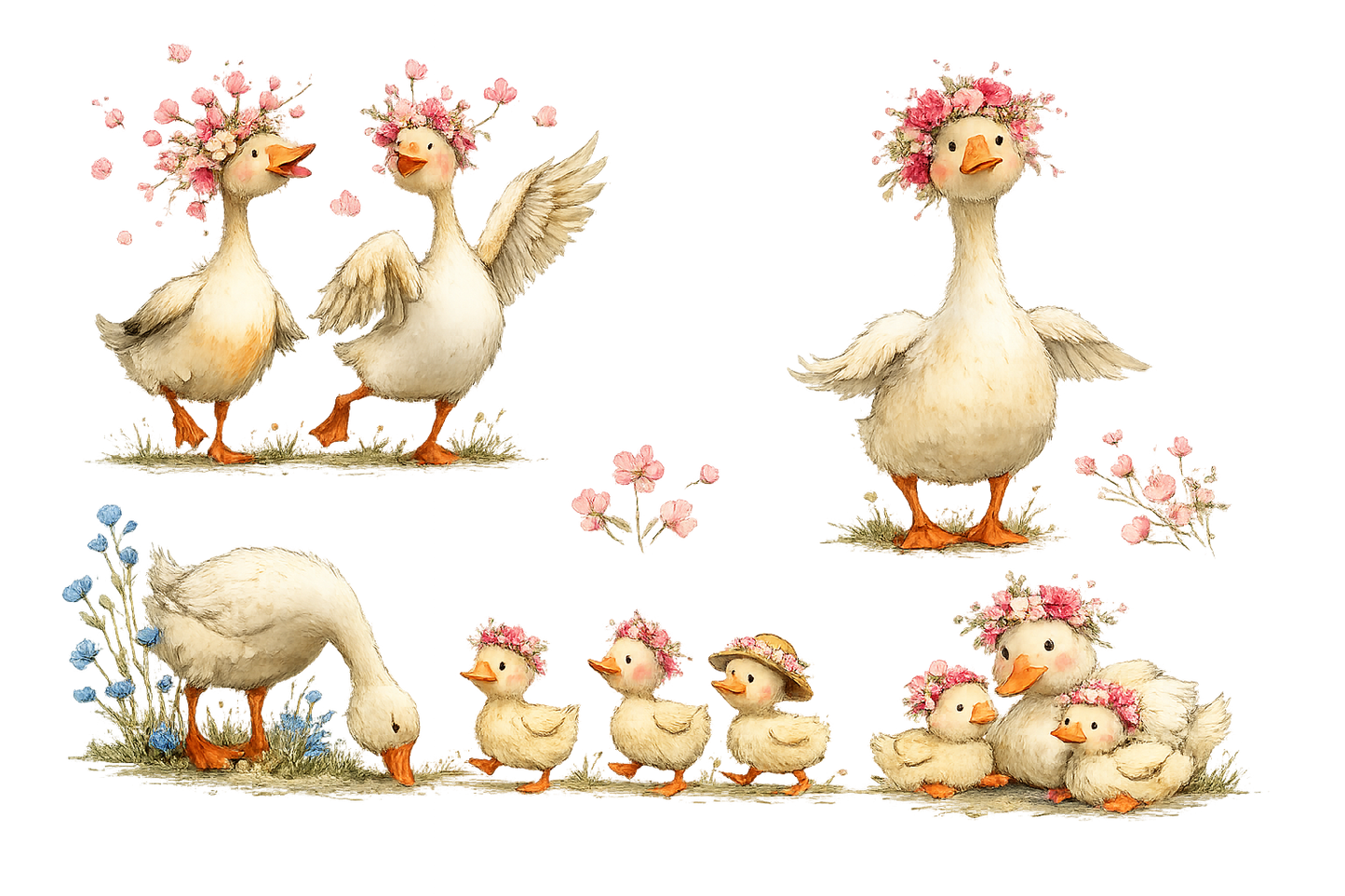 Floral Goose & Duck Family PNG Clipart Set – Farm Animal Digital Download