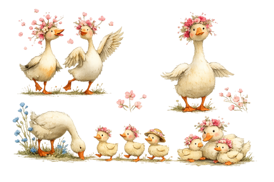 Floral Goose & Duck Family PNG Clipart Set – Farm Animal Digital Download