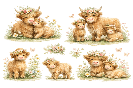 Watercolor Highland Cow Family PNG Clipart Set – Floral Farm Animal Digital Download