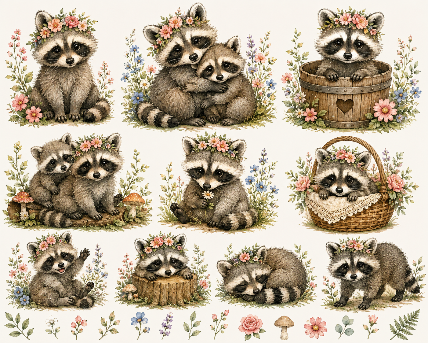 Watercolor Raccoon Family PNG Clipart Set – Floral Woodland Animal Digital Download