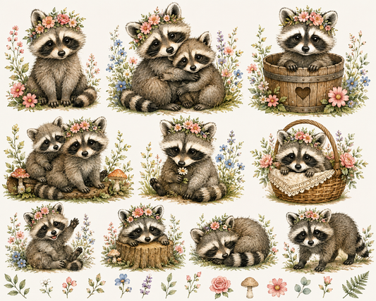 Watercolor Raccoon Family PNG Clipart Set – Floral Woodland Animal Digital Download
