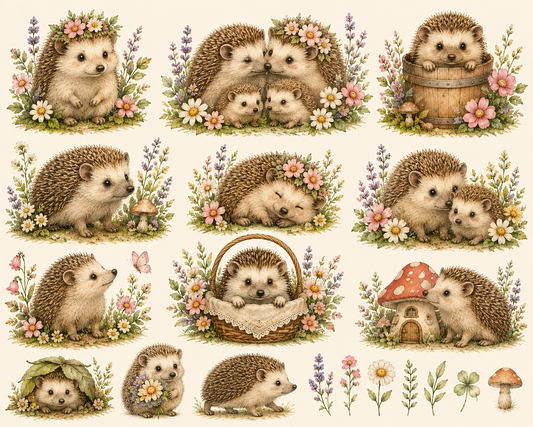 Watercolor Hedgehog Family PNG Clipart Set – Floral Woodland Animal Digital Download