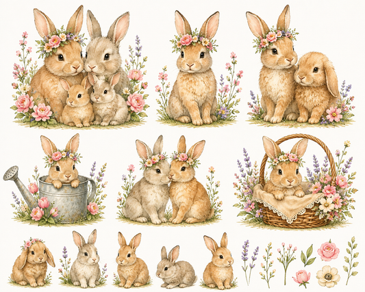 Watercolor Bunny Family PNG Clipart Set – Floral Woodland Rabbit Digital Download