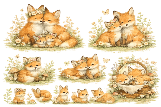 Watercolor Baby Fox Family PNG Clipart Set – Floral Woodland Animal Digital Download